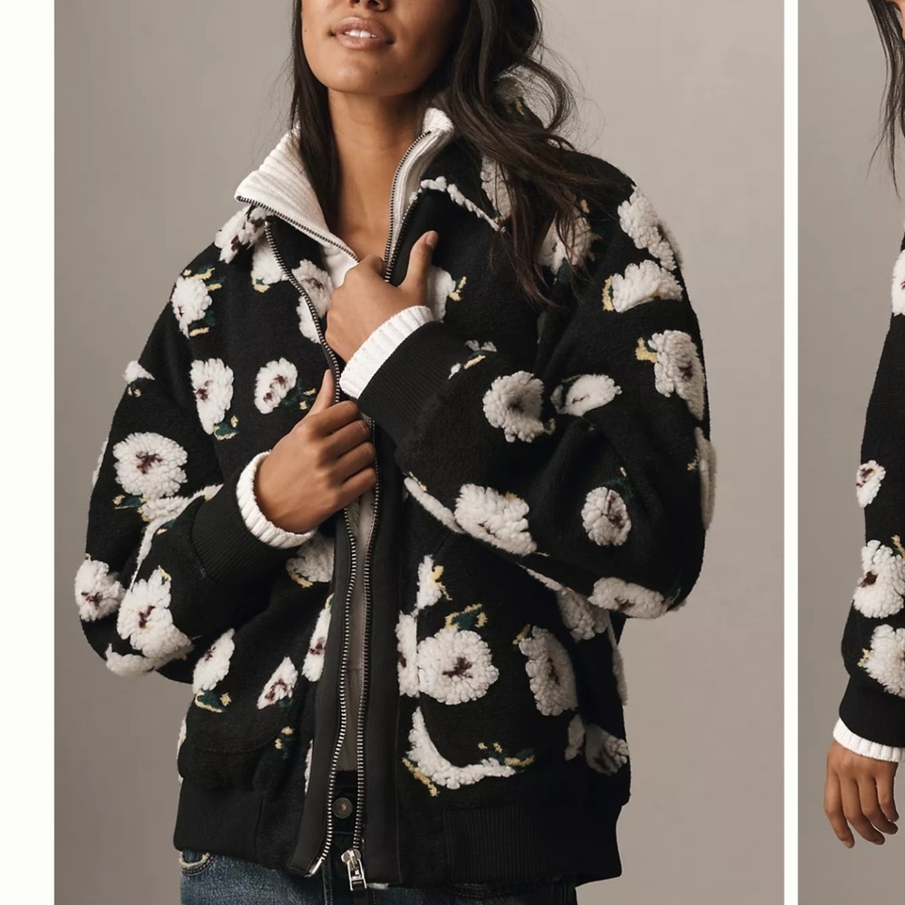 NWT Anthropologie Black Fleece Floral Bomber Jacket‎ Size Medium Fall Whimsical
